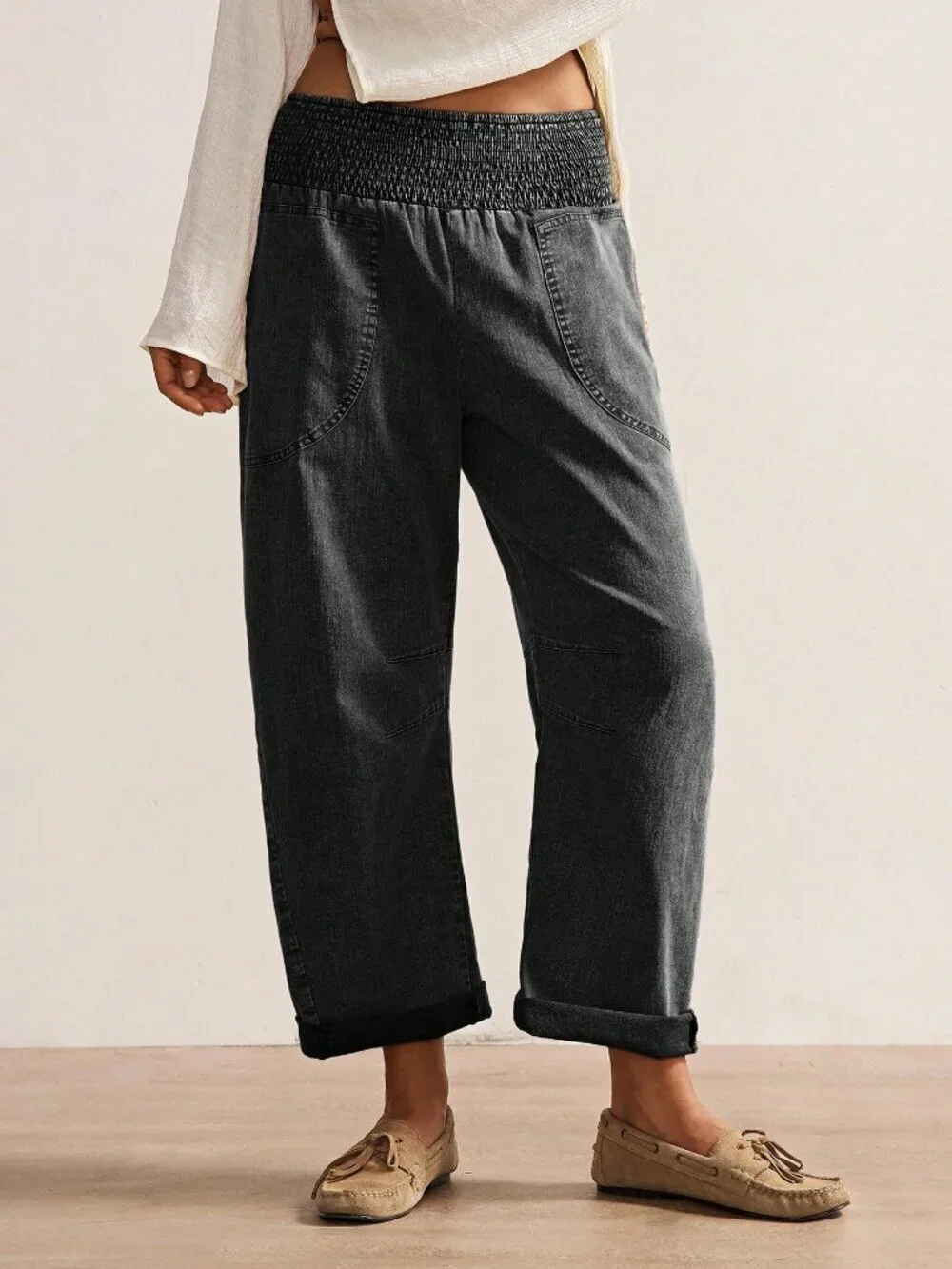 Black Casual Women's Woven Loose Low Waist Pants